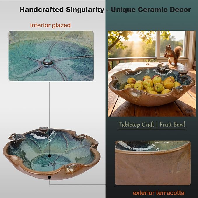 Ceramic Bird Bath and Feeder, Heavy Duty 12.5-Inch Ground Feeding Bowl, Wildlife Water Station for Squirrel Rabbit Bird Bee - Garden, Yard, Balcony Décor