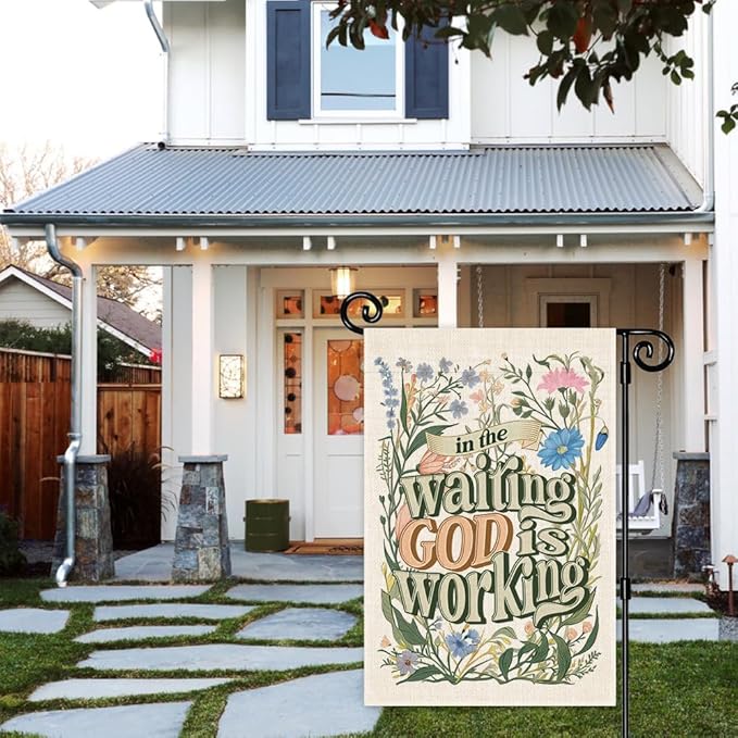 In the Waiting God is Working Floral Garden Flag, Double Sided Yard Outdoor Farmhouse Lawn Porch Decor, Christian Yard Flag, Religious Outdoor Home Decor, Inspirational Bible Saying Flag