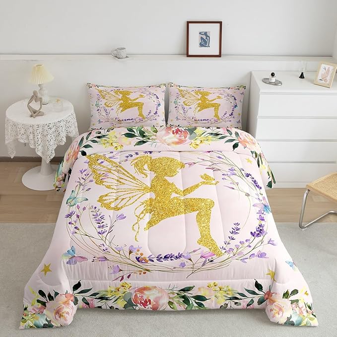 Erosebridal Dreamy Fairy Twin Comforter Set,Fairy Garden Floral Bedding Sets for Girls Kids,Pink Flower Butterfly Quilt Bed Set,Sweet Princess Cute Bedroom Decor,1 Pillowcase Reversible