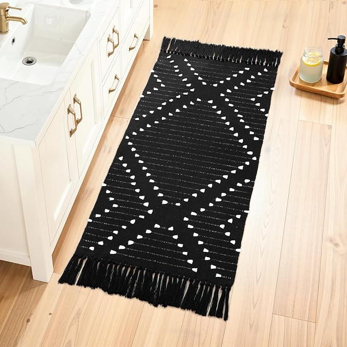 LIVEBOX Boho Black Kitchen Rug Non Slip, Washable Bathroom Runner Rug and Pad Gripper, Laundry Room Cotton Blend Woven Carpet Mat with Tassels (Set of Black Rug + Non Slip Pad, 2' x 4.3')