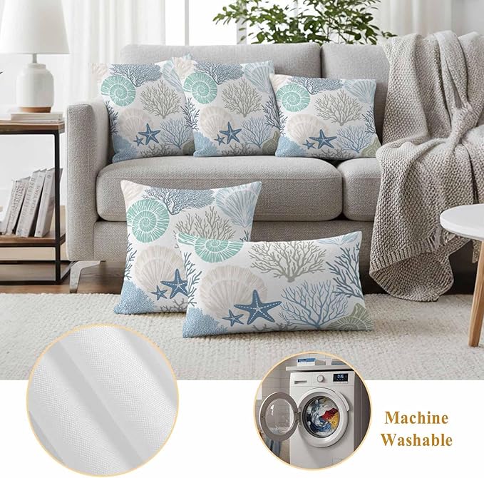 Blue Ocean Shells Coral Waterproof Pillow Covers Set of 2,Conch Starfish Marine Life Outdoor Pillow Protectors with Zipper Pillowcases for Patio Tent Garden Beach 20x12 Inches