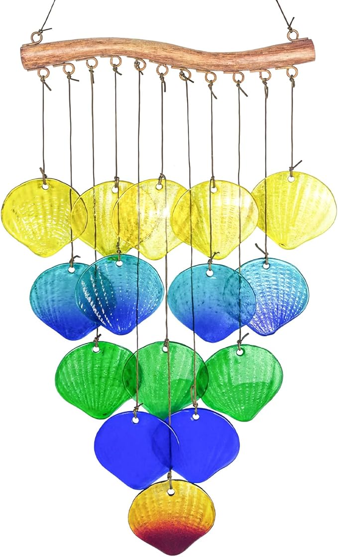 Sea Glass Wind Chime, Shell Shape Glass Windchime for Outside, Indoor Outdoor Decor for Patio Garden Yard, Nice Gifts for Mom & Women, Memorial Sympathy Gift for Home