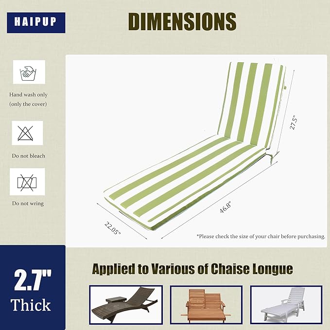 Outdoor Chaise Lounge Chair Cushions 2 Pack, Thick Waterproof Patio Pool Lounge Cushions, Fade Resistant(Green & White Stripe)