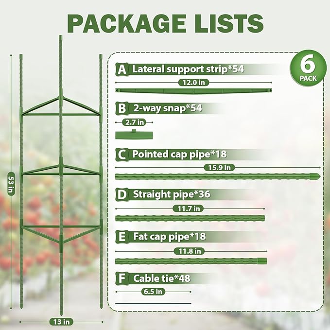 6 Pack Tomato Cage for Garden Plant Supports, Up to 53 Inch Tomato Trellis for Potted Plants, Heavy-Duty Garden Plant Stakes for Climbing Vegetables Plants Cucumber Peony Flowers, Green