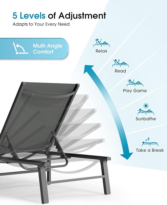 Ciokea Foldable Outdoor Lounge Chair, No Assembly Patio Chaise Lounge Outdoor with 5-Positions, Aluminum Pool Lounge Chair with Portable Design for Pool, Beach, Deck, Backyard, Grey