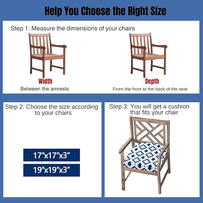 idee-home Outdoor Chair Cushions Set of 2, Thick 19" x 19" x 3" Outdoor Seat Cushions Patio Furniture Waterproof with Ties, Dining Pads