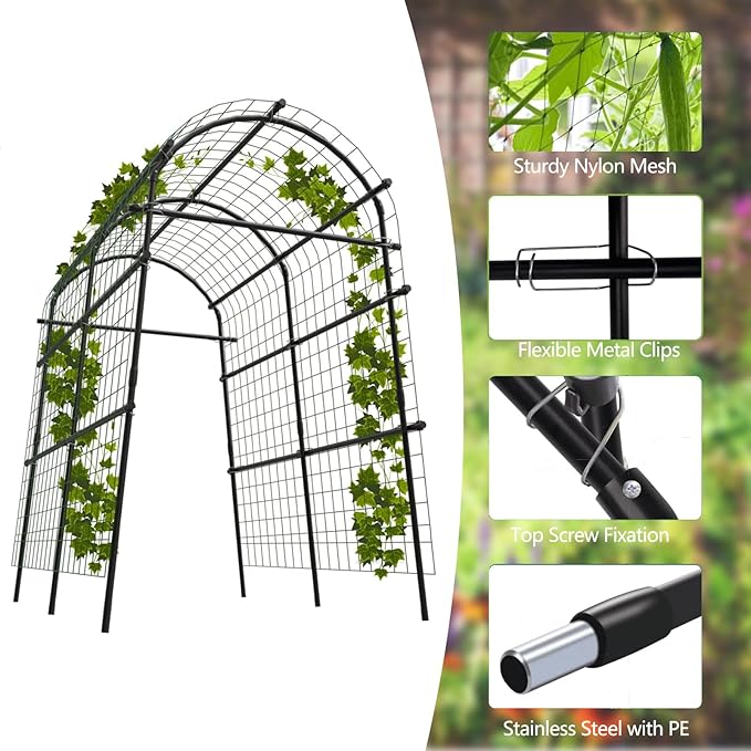 Adjustable Garden Arch Trellis, 7.5FT Metal Arbor with Climbing Net, 35"–45" Wide Weather-Resistant Pergola for Vines, Roses, Vegetables & Flowers, Sturdy Steel Frame, Easy No-Tool Assembly