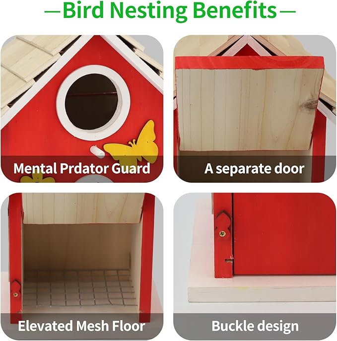 Wooden Bird Houses Bird House for Outside,Red Wood Bird House for Outdoors, Nesting Box with Sturdy Rope, Haing Bird Houses for Garden Blue Bird Hummingbird Wren Cardinal Swallow Sparrow Finch