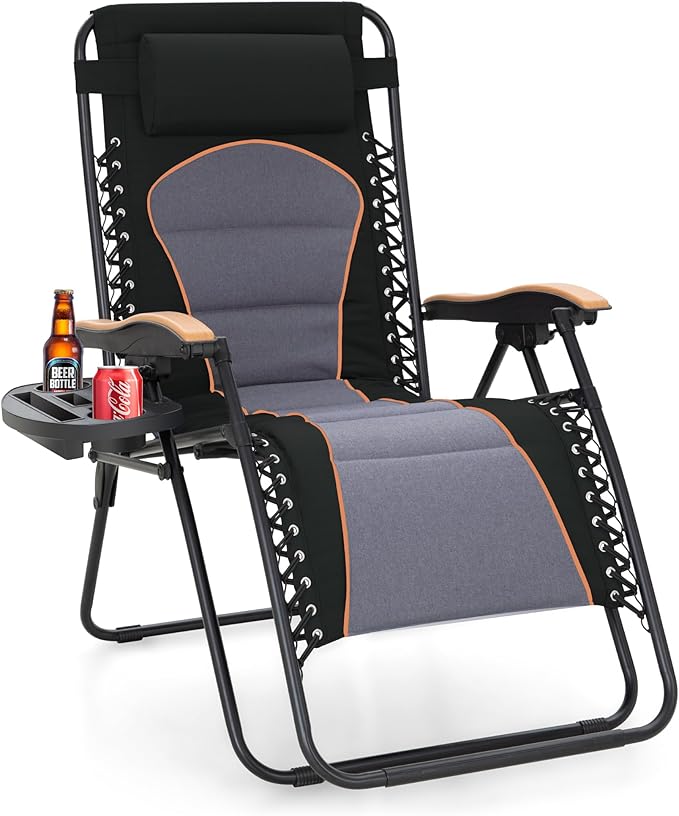 Sophia & William Oversized XXL Zero Gravity Chair Padded, Folding Lounge Chair Outdoor Gravity Chair with Wide Armrest and Cup Holder, Support 400 LBS, Black