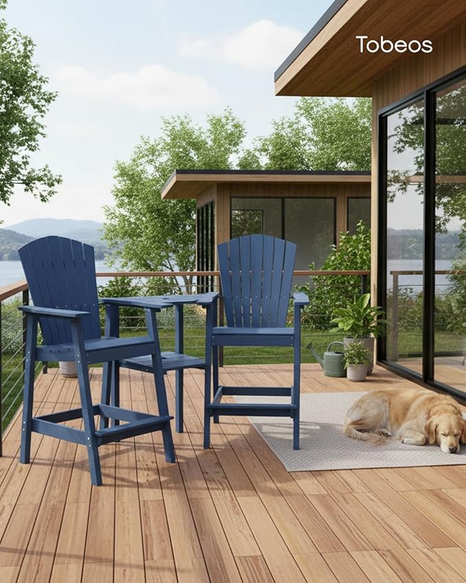 Tall Adirondack Chairs Set of 2, HDPE Outdoor Adirondack Chairs with Double Connecting Tray, Bar Height High Back Patio Chairs for Balcony, Deck, Backyard (Navy Blue, 2-PC Bar Chair Set)