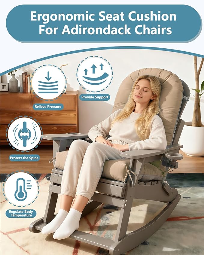 Adirondack Chair Cushion Set of 4, Thickened Patio Chair Cushions with Ties, Waterproof and UV-Protected Rocking Chair Cushion for Indoor and Outdoor, Khaki.