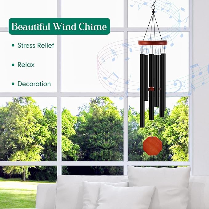 Leinuosen Wind Chimes for Outside Wind Chimes Outdoors Deep Tones 28" with 6 Aluminum Tubes Memorial Sympathy Windchime for Valentine Tree Decor Garden Courtyard Mom Loved One Gifts(Octagon,Black)