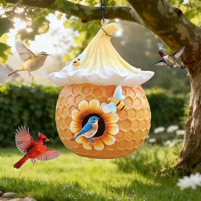 Bird Houses for Outside Pink Cottage Resin Birdhouse, Garden Outdoor Decor Bird House with Flower and Bees, Birdhouses for Outdoors for Bluebird Finches Cardinals