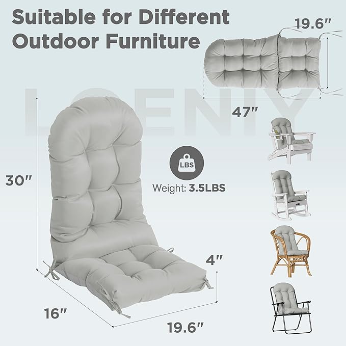 Adirondack Chair Cushions, Extra Thick, Waterproof, Fade-Resistant, High Back, Outdoor, 100% Polyester, Set of 2 (Grey)