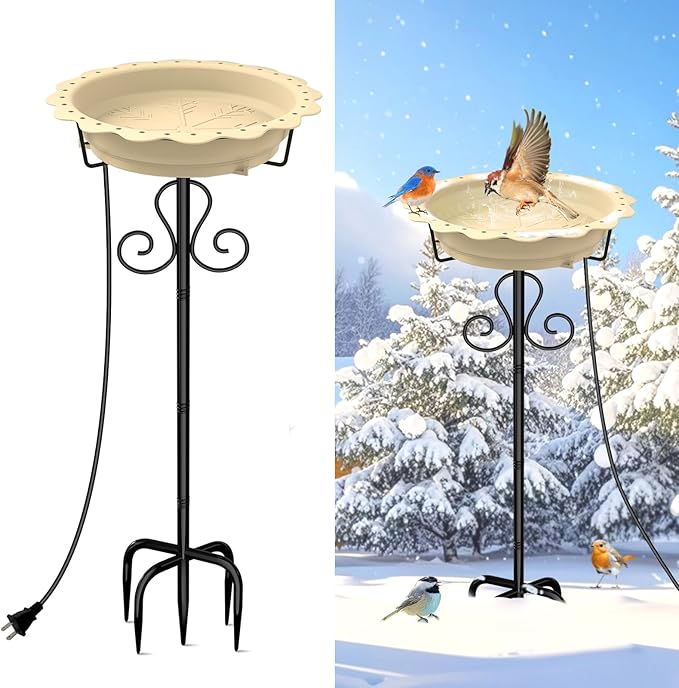 Heated Bird Baths for Outdoors, 100W Heated Birdbath Bowl for Outdoors for Winter with 5-Prong Metal Base Thermostat Control, Heated Bird Bath for Outside Winter Garden Patio Yard Lawn (Yellow)