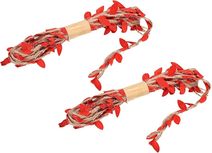 PATIKIL 6.6ft 5mm Burlap Leaf Ribbon, 2 Pack Braided Decoration Vine Natural Jute Rope Twine with Artificial Leaves for Jungle Wedding Party Home Garden Decor, Red