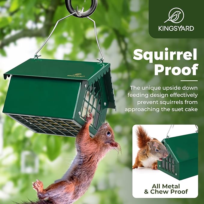 Kingsyard Double Upside Down Suet Feeder Squirrel Proof with Weatherproof Roof, All Metal Suet Feeders for Outdoors Hanging, Great for Downy Woodpecker Nuthatch Chickadee, Green