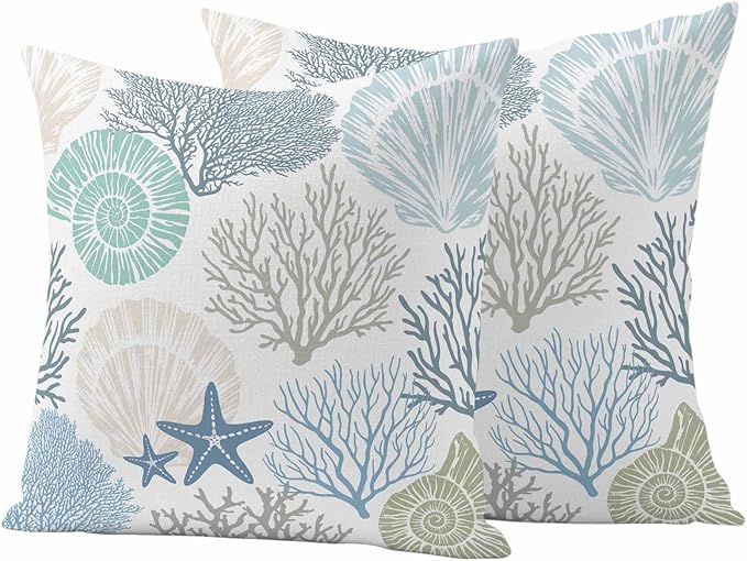 Blue Ocean Shells Coral Waterproof Pillow Covers Set of 2,Conch Starfish Marine Life Outdoor Pillow Protectors with Zipper Pillowcases for Patio Tent Garden Beach 18x18 Inches