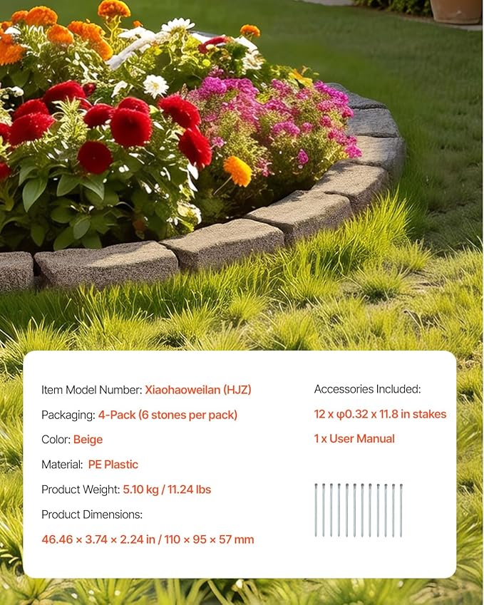 VEVOR Faux Stone Landscape Edging, No Dig Garden Edging Border, Flexible Blocks for Lawn Edging, Flower Beds, Driveway, Yards with 12 Spikes, 4 Pack 24 Bricks 16FT Kit, 46.5" Lx 3.7" W x 2.2" H, Beige