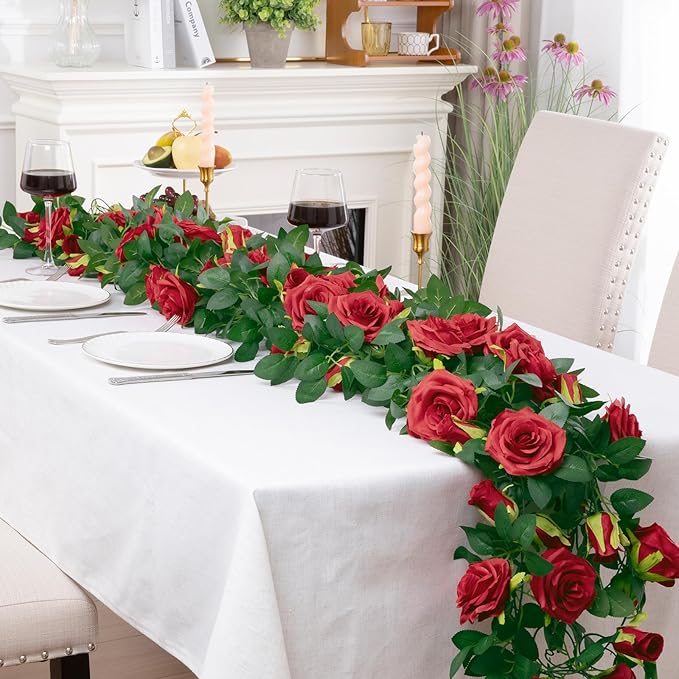 U'Artlines 3 Pack Artificial Red Rose Vines Floral Garlands Total 19.5 Ft Fake Vine Silk Flower Garland for Indoor Outdoor Home Wedding Arch Garden Wall Decoration