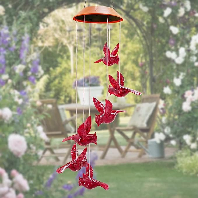Cardinal Solar Wind Chimes for Outside, Solar Powered Red Bird Chime Light, Cardinal Gifts for Mother Mom Grandma Women Birthday, Hummingbird Decor for Patio, Deck, Yard, Garden, Home