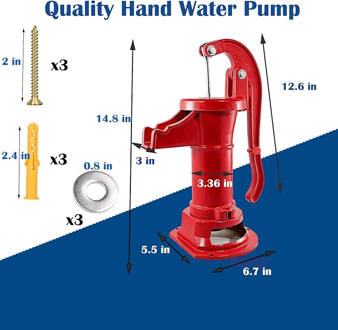 Durable Antique Cast Iron Pitcher Pump: Manual Hand Shake Suction Well Pump for Water Transfer, 25ft Maximum Lift, Easy Installation, Suitable for Outdoor Gardens, Ponds, and Backyards. (Red)