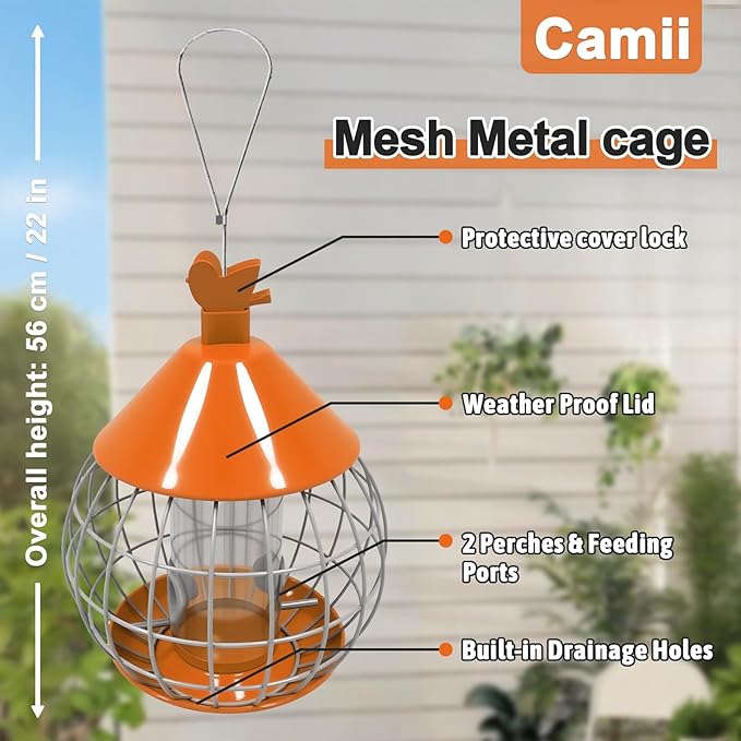 Bird Feeder for Outdoor, Squirrel Proof Bird Feeder for Outdoors Hanging, Weatherproof, Easy to Clean & Refill, Large Capacity Metal Seed Feeder for Finch, Blue Jay, Hummingbird, Orange