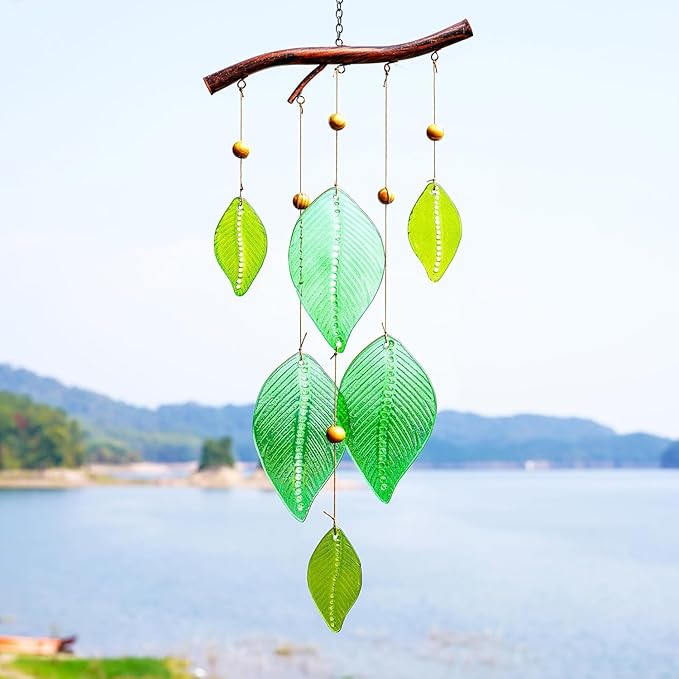 Glass Wind Chimes for Outside,Unique Handmade Windchimes Outdoors with Stained Glass Leaves for Home Window Garden Yard Patio Decor,Green 20"