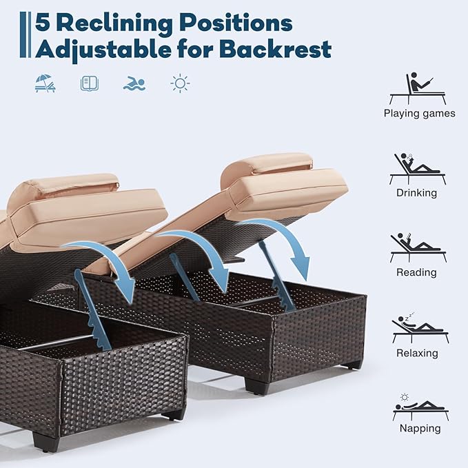 Outdoor Lounge Chairs, Pool Lounge Chairs Set of 2, Outdoor Chaise Lounge with Adjustable Backrest & Cup Holder,Khaki