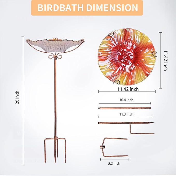 MUMTOP 26 Inch Height Glass Birdbath Birdfeeder with Metal Stake Garden Outdoor Red