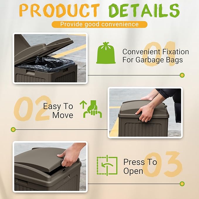 YESHOMY 33 Gallon Resin Outdoor Trash Can with Lid, Hideaway Waterproof Patio Garbage Bin, Dark Brown
