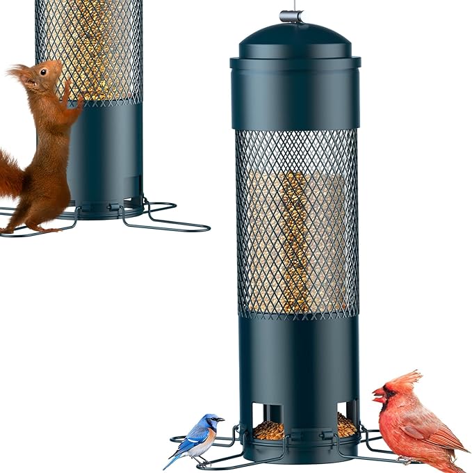 LCSEVEN Bird Feeders for Outdoors Squirrel Proof with Weight-Activated Perches, Hanging Bird Feeder for Outside, Metal Feeder for Wild Cardinal, Finch, Blue Jay, Chickadee, 3LB Seed Capacity, Green