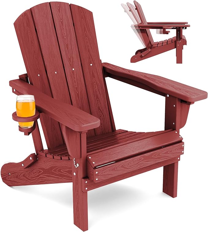 SERWALL Adjustable Folding Adirondack Chair, Reclining Adirondack Chair with Cup Holder, Red