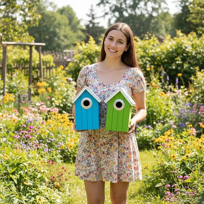 2PK Cedar Bluebird House, Wooden Bird House for Outside, 1.5" Entrance Hole Size, Stainless Steel Entrance Hole Protector, Silver Metal Roof, Colorful Garden Decorative (Green+Blue) Updated Version