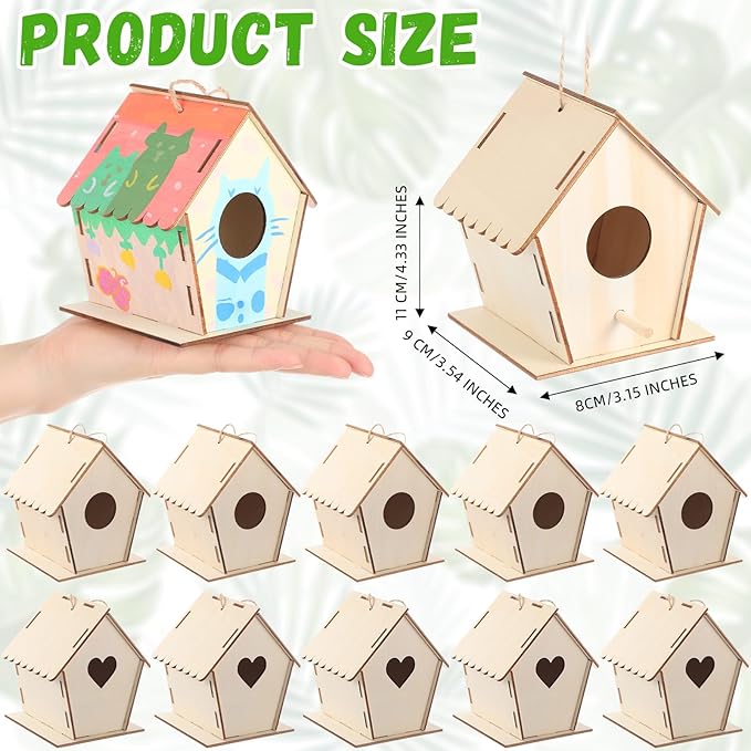 DoubleFill 24 Pack 4.33'' Wooden Bird House Craft Kit for Kids Spring DIY Birdhouse to Build and Paint Unfinished Hanging Birdhouse Bulk Spring Bird Feeder for Class Creative Valentines Crafts