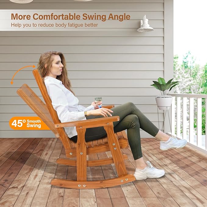 VINGLI Outdoor Rocking Chair, Heavy Duty 600 LBS Wooden Rocking Bench with Comfortable Backrest, Weatherproof Patio Rocker with Ergonomic Design, Wood Rocking Chair for Patio, Garden (Teak, 1PC)