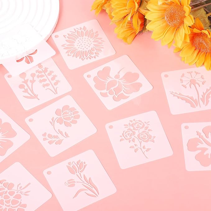 20 Pcs Flower Stencils for Crafts Reusable Flower Stencils for Painting on Wood Paintings Crafts Templates Drawing Stencil for Painting on Wood Rocks Canvas Fabric Glass Pottery