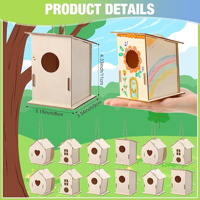 DoubleFill 100 Pcs Bulk Wooden Bird Houses Kits for Kids DIY Crafts and Arts Unfinished Wood Birdhouse to Paint Birthday Gifts for Valentines Crafts Class Parties, 4 Styles