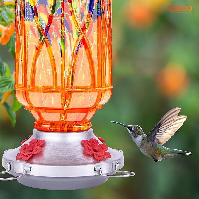 Hummingbird Feeders for Outdoors with Ant Moat, Hand Blown Glass Hummingbird Feeder, 4 Feeding Ports with Perch, Outdoor Garden Décor, 15 OZ, Orange