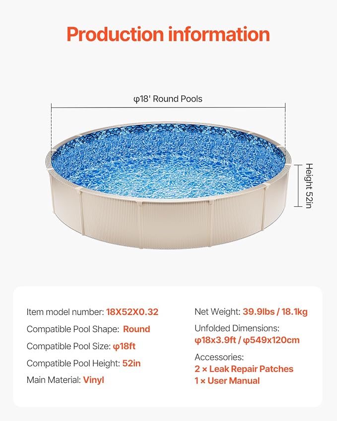 VEVOR 18-ft Round Above Ground Pool Liner, Unibead Pool Liners, Standard Gauge, 52inch Wall Height, Designed for Steel Sided Above-Ground Swimming Pools