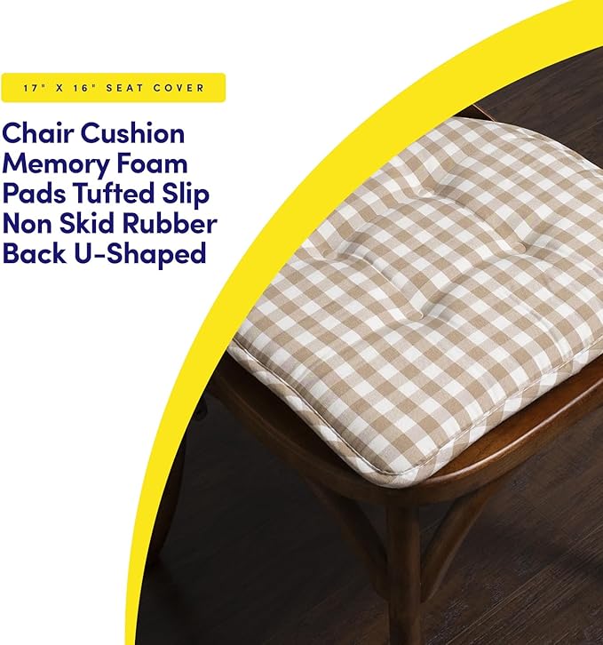 Sweet Home Collection Chair Cushion Memory Foam Pads Tufted Slip Non Skid Rubber Back U-Shaped 17" x 16" Seat Cover, 12 Pack, Checkered Taupe/White