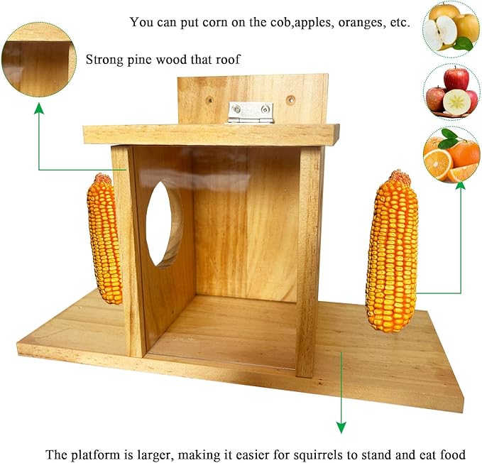 Squirrel Feeder, Wooden Squirrel Feeders for Outside with Corn Cob Holder and Removable Front Panel, Outdoors Durable Wood Chipmunk House for Corn Peanuts, Easy to Clean & Refill, Rainproof