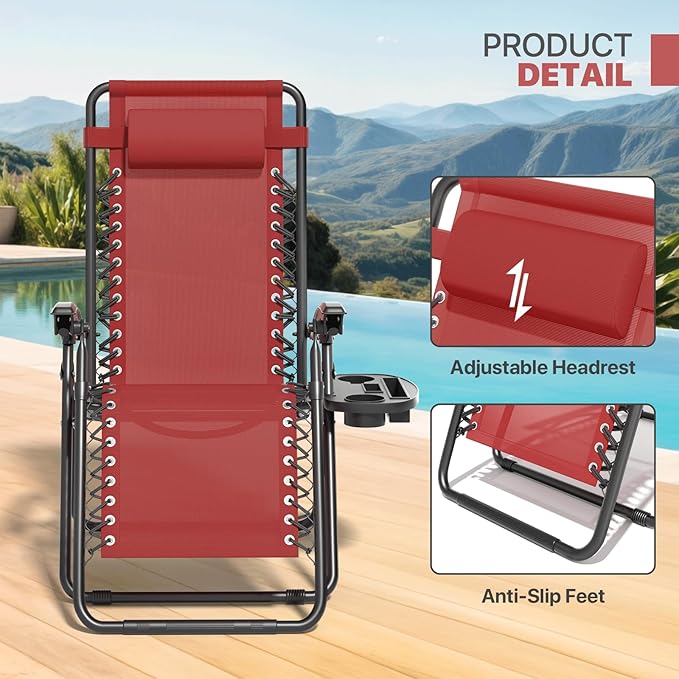 Magshion Zero Gravity Lounge Chair, Adjustable Folding Recliner with Cup Holder Side Tray & Removable Headrest Pillow, Portable Outdoor Patio Lounger for Camping, Beach, Lawn, Backyard, Maroon