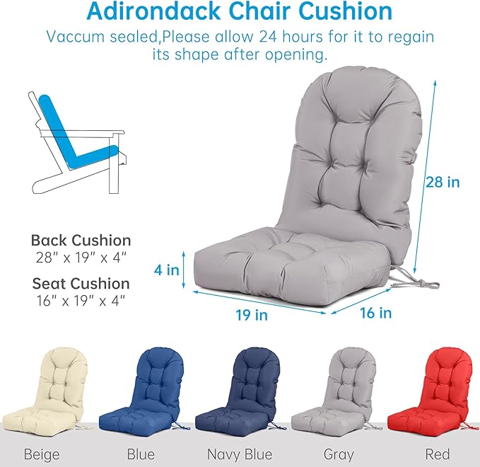 Adirondack Chair Cushion Tufted Waterproof Outdoor Rocking Chair Cushions with Ties Anti-Slip High Back Patio Chair Cushions for Patio Furniture Cushions
