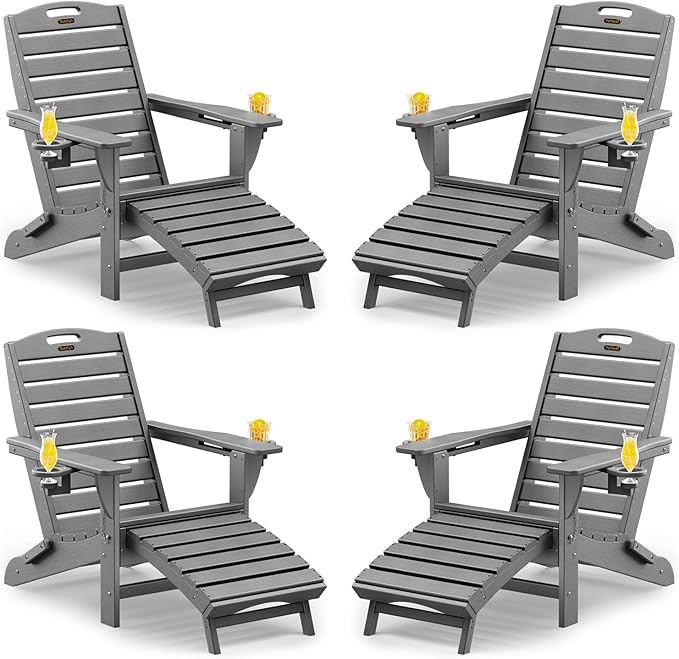 Folding Adirondack Chairs Set of 4,Adirondack Chair with Retractable Ottoman,Plastic Adirondack Chairs with 2 Cup Holder,Weather Resistant Patio Chair,Outdoor Chairs Set of 4(Gray)