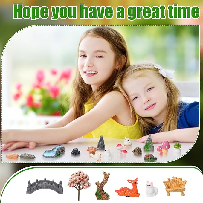 65 Pcs Fairy Garden Accessories Mini Resin Animals Figures Miniature Table and Chairs Bridge Mushroom Pond Fence Moss Bonsai Landscape Ornaments Kit for Garden DIY Craft