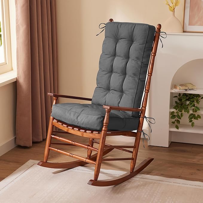 Rocking Chair Cushion, Waterproof and Fade-Resistant Patio Chair Cushions, Tufted Chair Pads for Rocker Furniture, 18x18 Inch, Indoor/Outdoor Seat Cushions with Ties, Dark Grey