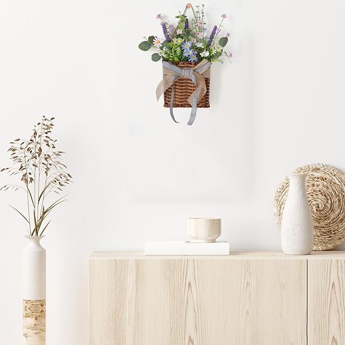 Purple Daisy Wreath Spring Door Hanger Basket Wreath, Artificial Spring Summer Wreaths with Green Eucalyptus Leaves and Lavender for Front Door Indoors Outdoor Decor Rustic and Farmhouse Wreaths