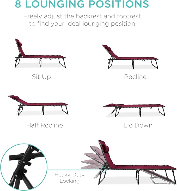 Best Choice Products Patio Chaise Lounge Chair, Portable Outdoor Folding Recliner for Lawn, w/ 8 Positions, Handles, 300lb Capacity - Wine Red
