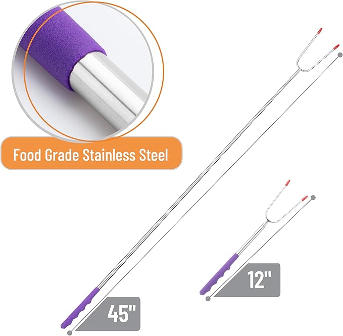 UNCO- Extra Long Marshmallow Roasting Sticks, 12 pcs, 45", Colorful Rubber Handles, Extendable Stainless Steel Marshmallow Roasting Sticks with Canvas Storage Bag, Skewers for Smores Skewers